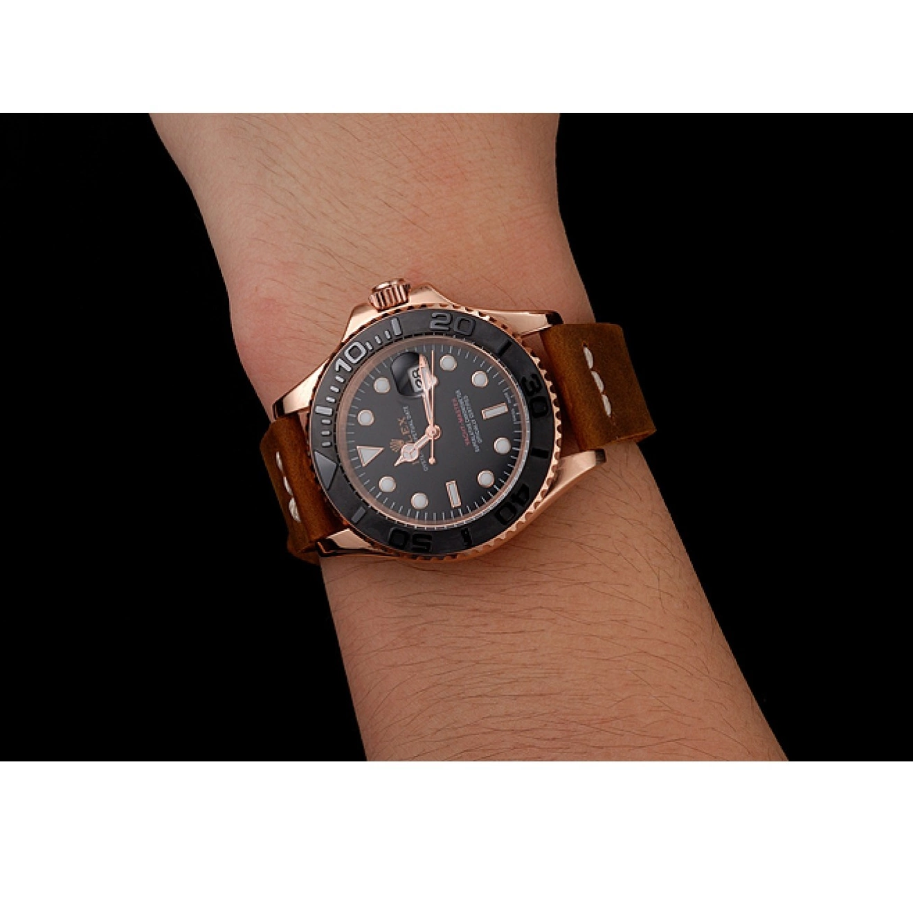 AAA replica watch Case Leather Gold Master Dial Yacht Brown Black Bracelet 1453861 Rolex Rose 0626
